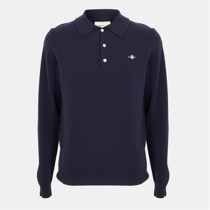 Gant Men' Blue Superfine Lambswool Long Sleeve Polo Shirt in Size S, Sports Direct