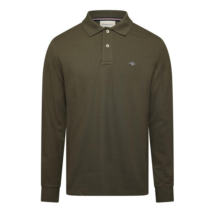 Gant Men's Green Logo Long Sleeve Polo Shirt in Size M, Sports Direct