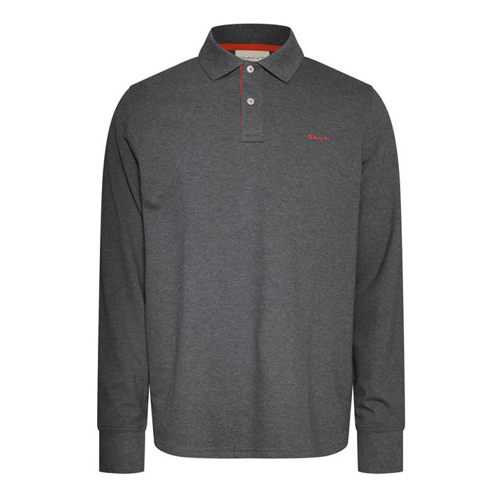 Gant Men's Grey Contrast Pique Long Sleeve Polo Shirt in Size M, Sports Direct