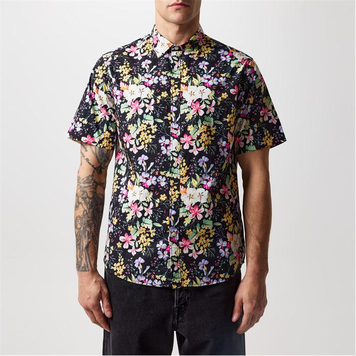 Replay Men's Black Floral Print Short-Sleeve Patterned Shirt in Size M, Sports Direct