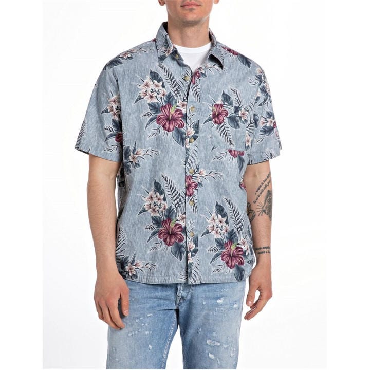 Replay Men' Blue Floral Print Short Sleeve Relaxed Fit Shirt in Size S, Sports Direct