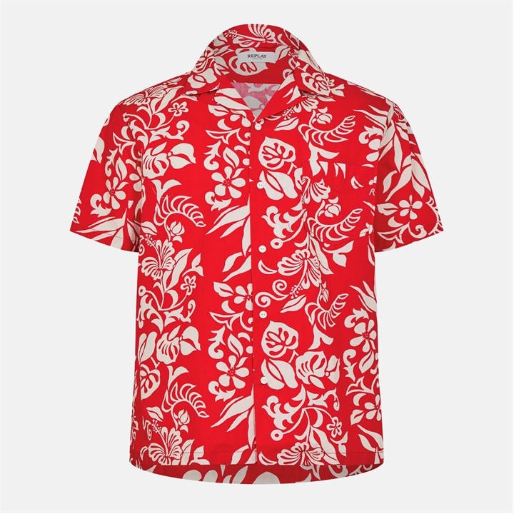 Replay Men's Red Hawaiian Short Sleeve Patterned Shirt in Size M, Sports Direct