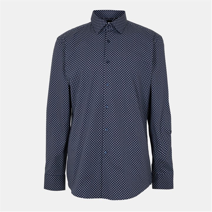 Boss Men's Blue Hank Kent Long Sleeve Patterned Tailored Fit Shirt in Size 44, Sports Direct