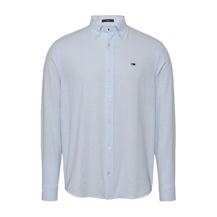 Tommy Jeans Men's Blue Regular Linen Long-Sleeve Plain Shirt in Size M, Sports Direct