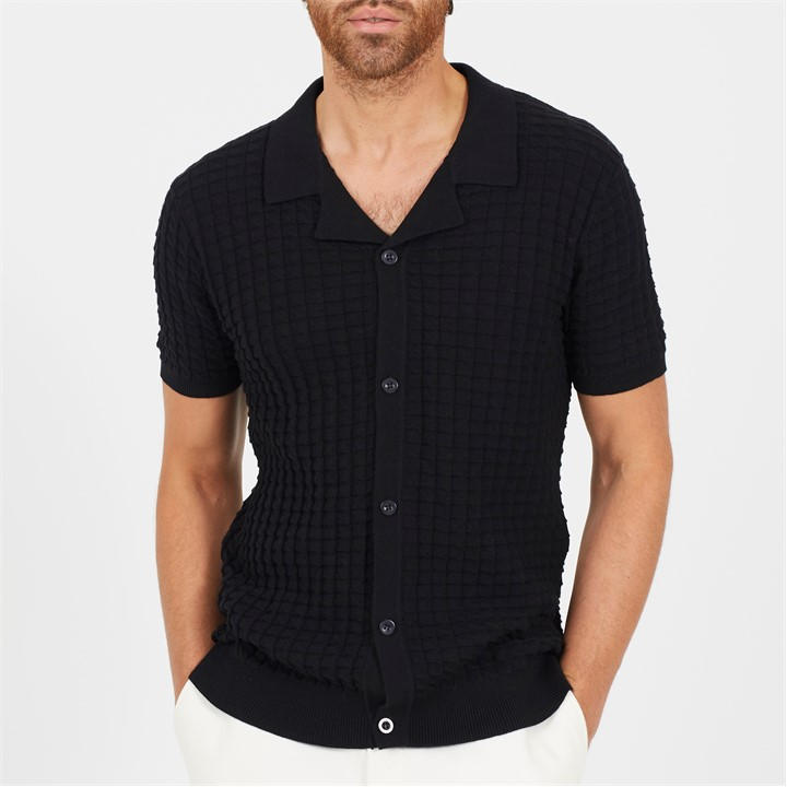 Brave Soul Men's Black Bs Short Sleeve Revere Collar Jacquard Knit Shirt in Size L, Sports Direct