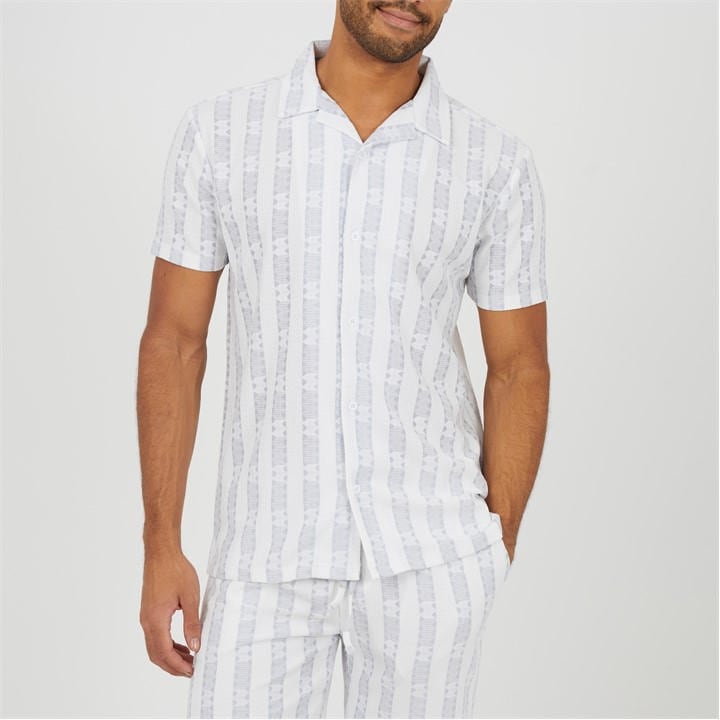 Brave Soul Men's White Bs Open Collar Short Sleeve Shirt With Stripe Pattern in Size 2XL, Sports Direct