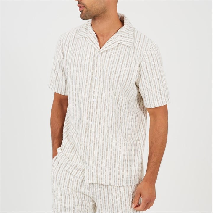 Brave Soul Men's Cream Bs Striped Short Sleeve Shirt With Revere Collar in Size 2XL, Sports Direct