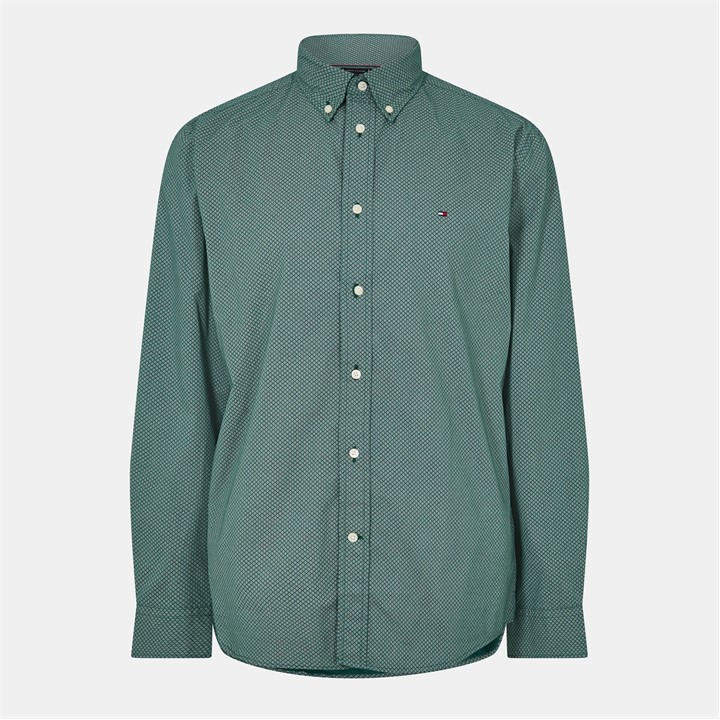 Tommy Hilfiger Men's Green Long-Sleeve Poplin Print Patterned Shirt in Size XL, Sports Direct