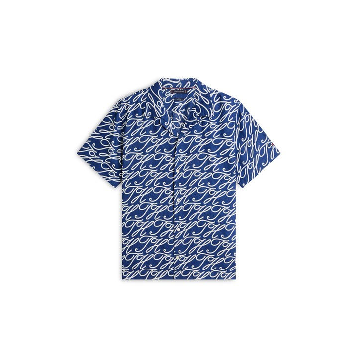 Tommy Hilfiger Men's Blue Patterned Short Sleeve Shirt in Size L, Sports Direct
