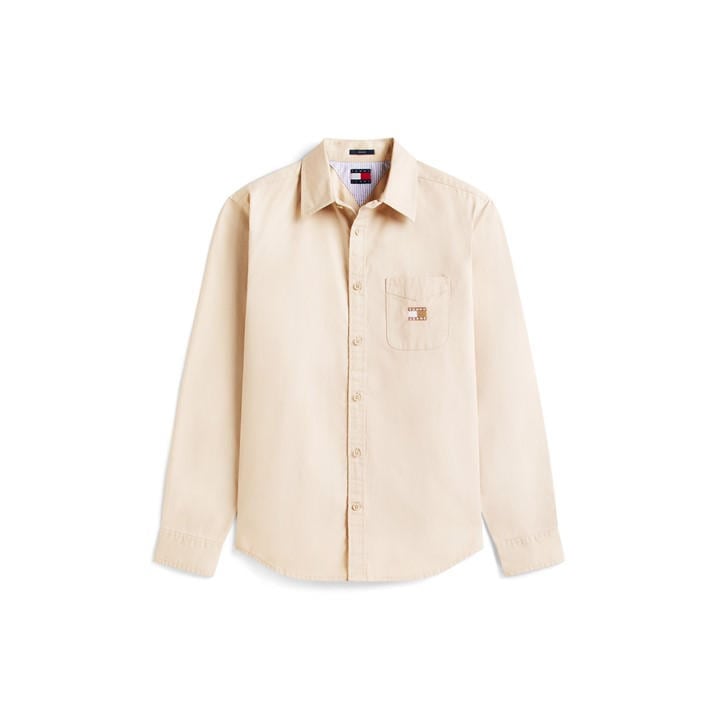 Tommy Jeans Men' Beige Washed Twill Long Sleeve Plain Shirt in Size S, Sports Direct