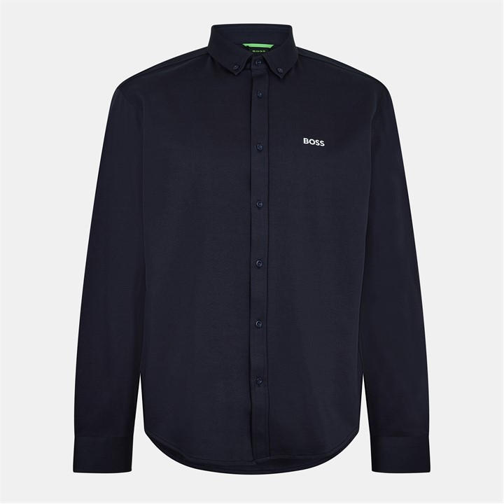Boss Men's Blue Green Motion Long Sleeve Buttoned Shirt With Logo Detail in Size M, Sports Direct