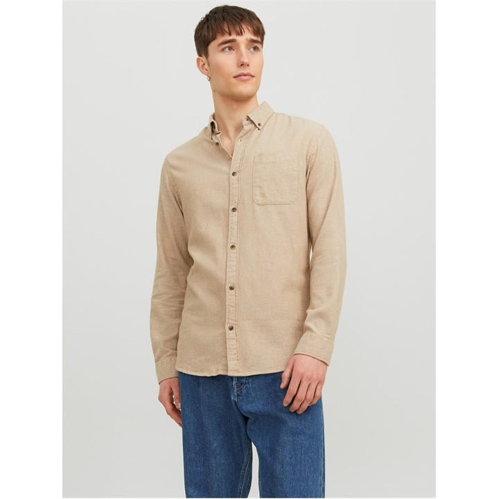 Jack And Jones Men's Beige Classic Long-Sleeve Plain Shirt in Size 2XL, Sports Direct