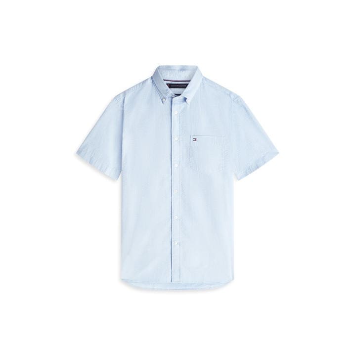 Tommy Hilfiger Men's Blue Seersucker Solid Ss Rf Shirt in Size L, Sports Direct