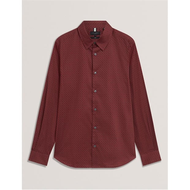 Dk-Red - Ted Baker - Men's Long Sleeve Geometric Patterned Shirt