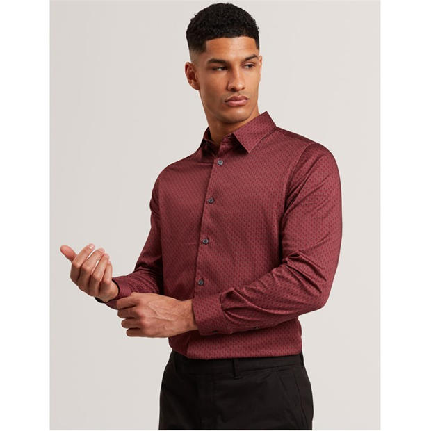 Dk-Red - Ted Baker - Men's Long Sleeve Geometric Patterned Shirt
