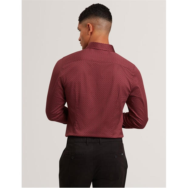 Dk-Red - Ted Baker - Men's Long Sleeve Geometric Patterned Shirt