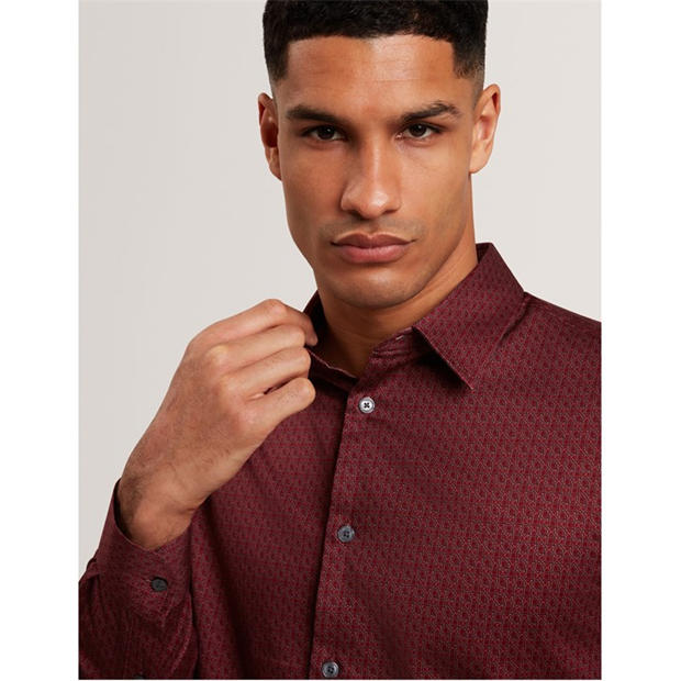 Dk-Red - Ted Baker - Men's Long Sleeve Geometric Patterned Shirt