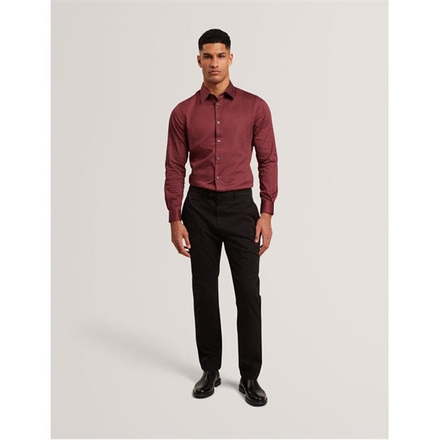Dk-Red - Ted Baker - Men's Long Sleeve Geometric Patterned Shirt
