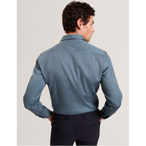 Navy - Ted Baker - Men's Long Sleeve Geometric Patterned Shirt