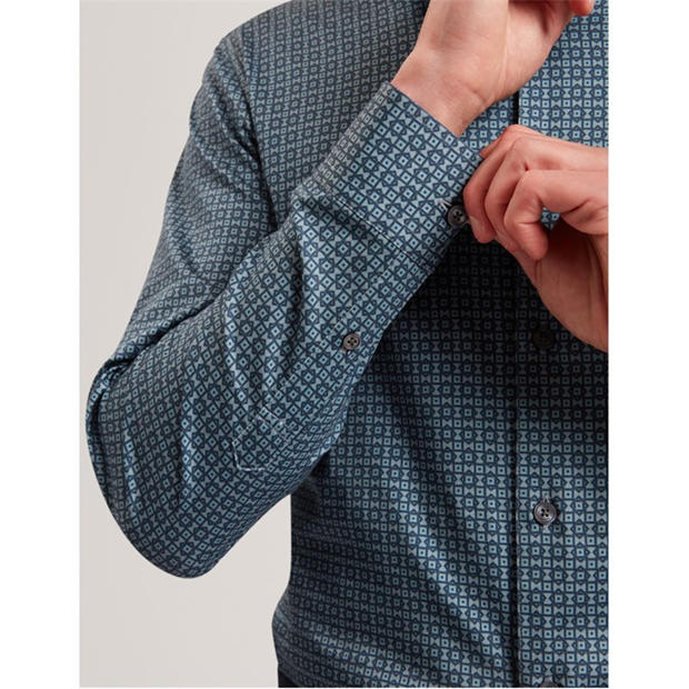 Navy - Ted Baker - Men's Long Sleeve Geometric Patterned Shirt