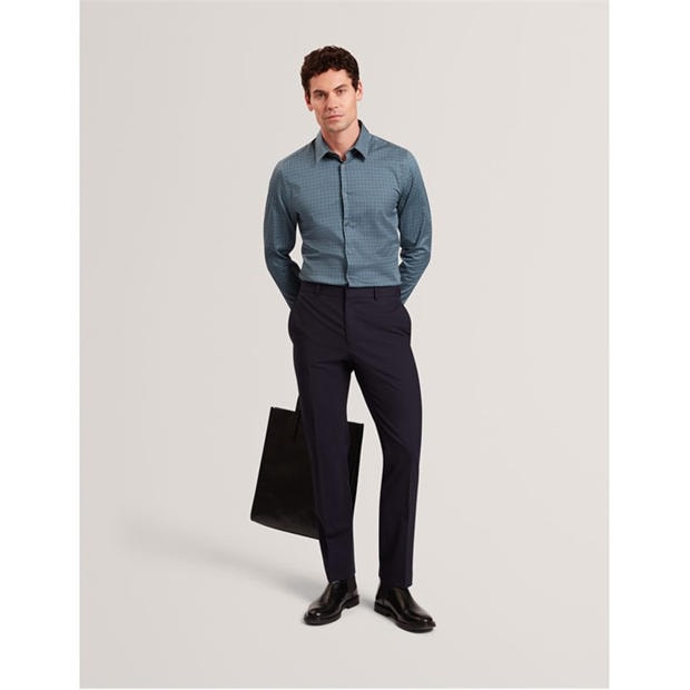 Navy - Ted Baker - Men's Long Sleeve Geometric Patterned Shirt