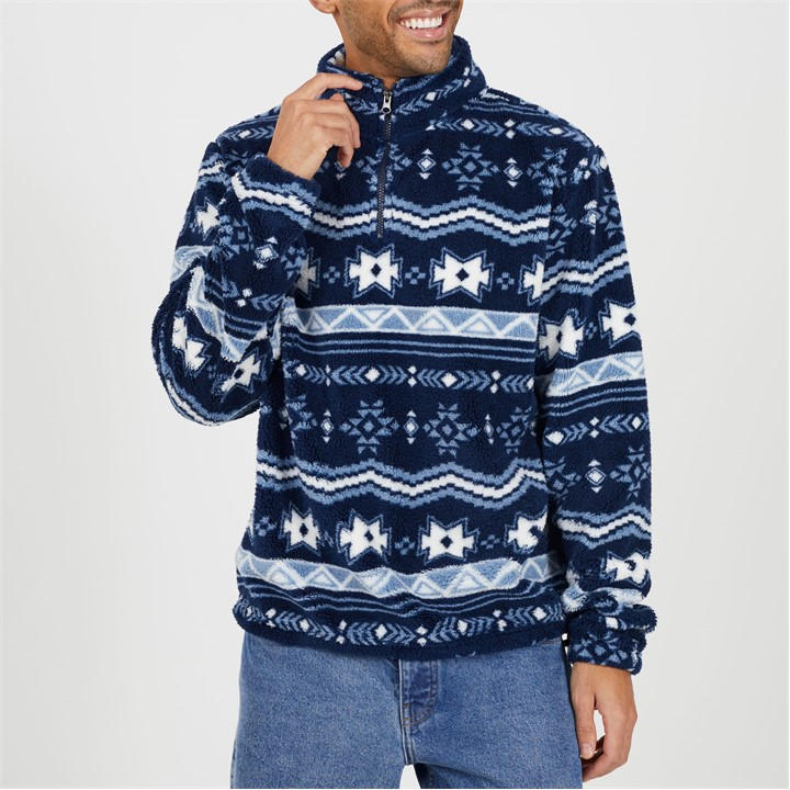 Brave Soul Men's Blue Quarter Zip Borg Fleece With Pattern in Size M, Sports Direct