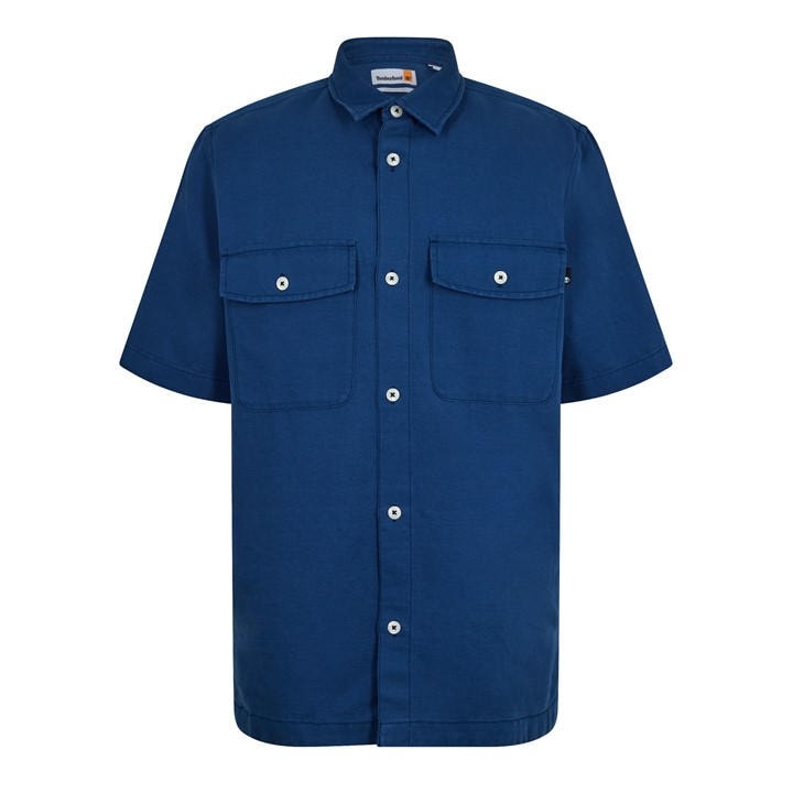 Timberland Men's Blue Linen Utility Overshirt Cotton Short Sleeve Shirt in Size L, Sports Direct