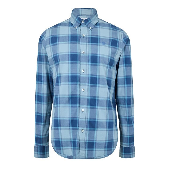 Timberland Men' Blue Poplin Check Dark Denim Long Sleeve Oxford Shirt in Size S, Sports Direct