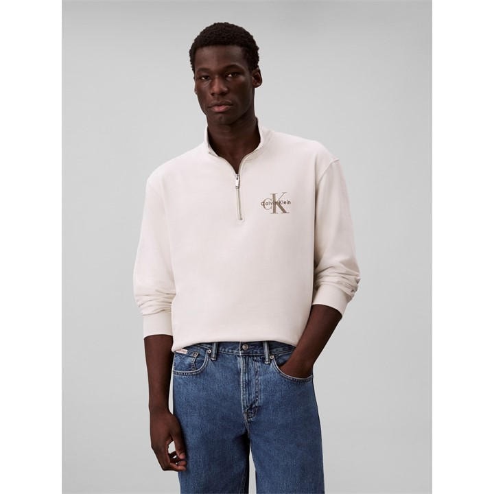 Calvin Klein Jeans Men' White Ckj Monogram Quarter-Zip Fleece in Size S, Sports Direct