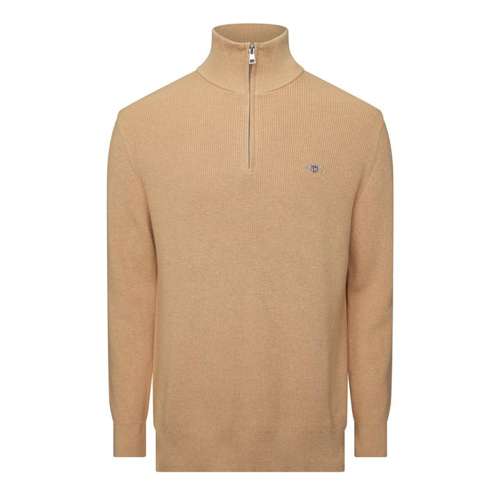 Gant Men's Cotton Merino Ribbed 1/4 Zip Fleece Top - KHAKI MELANGE - M - Image 2