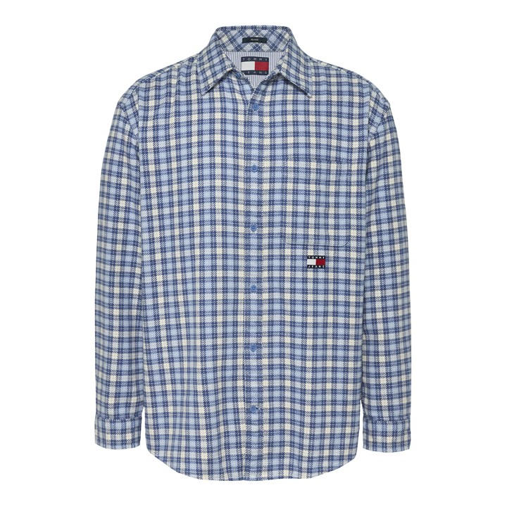 Tommy Jeans Men' Blue Badge Long Sleeve Patterned Flannel Shirt in Size S, Sports Direct