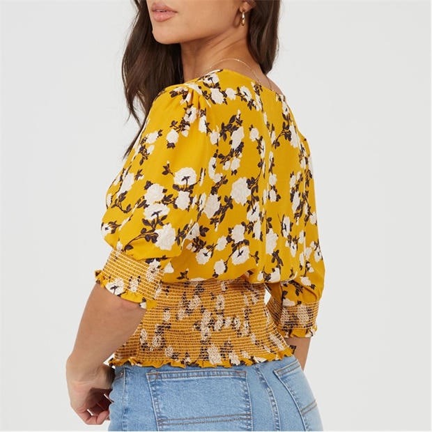 Yellow Floral - Brave Soul - Womens V-Neck Short Sleeve Floral Blouse