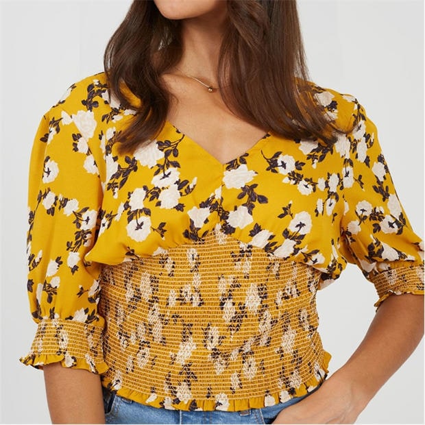Yellow Floral - Brave Soul - Womens V-Neck Short Sleeve Floral Blouse