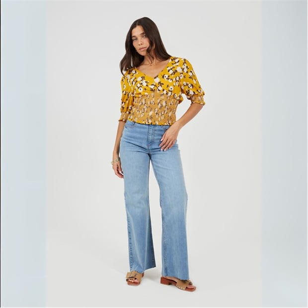 Yellow Floral - Brave Soul - Womens V-Neck Short Sleeve Floral Blouse