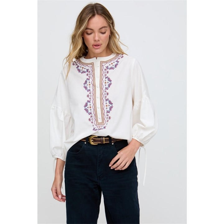 Raffya Women's Cream Anai Half Placket Embroidered Blouse In in Size 8, Sports Direct
