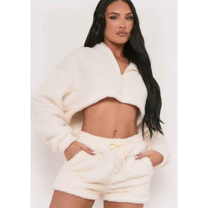 Missy Empire Women's Cream Fluffy Teddy Drawstring Shorts in Size 6, Sports Direct