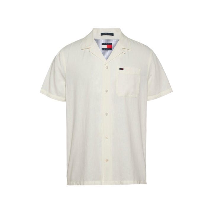 Tommy Jeans Men's White Linen Blend Short-Sleeve Plain Shirt in Size M, Sports Direct