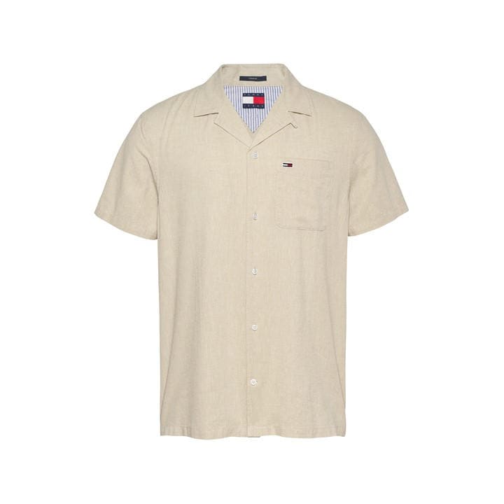 Tommy Jeans Men' Beige Linen Blend Short-Sleeve Plain Shirt in Size S, Sports Direct
