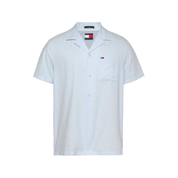 Tommy Jeans Men's Blue Linen Blend Short-Sleeve Plain Shirt in Size M, Sports Direct