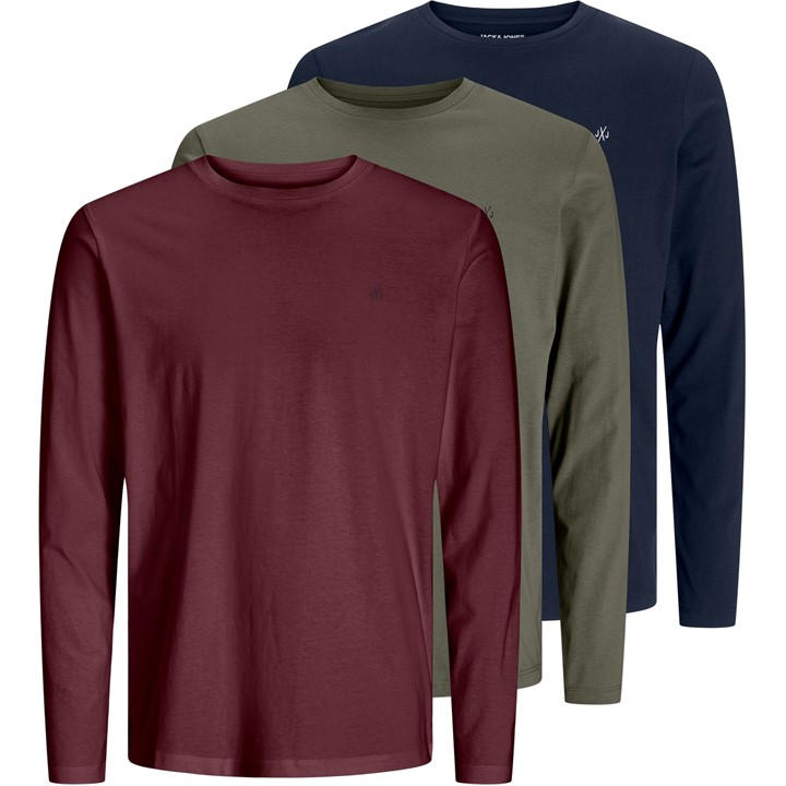 Jack and Jones 3-Pack Crew Neck Long Sleeve T-Shirt Mens - Multi