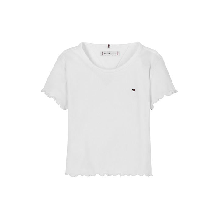 Tommy Hilfiger Girls White Kids' Essential Rib Ribbed Short Sleeve T-Shirt in Size 5 - 6 Years, Sports Direct