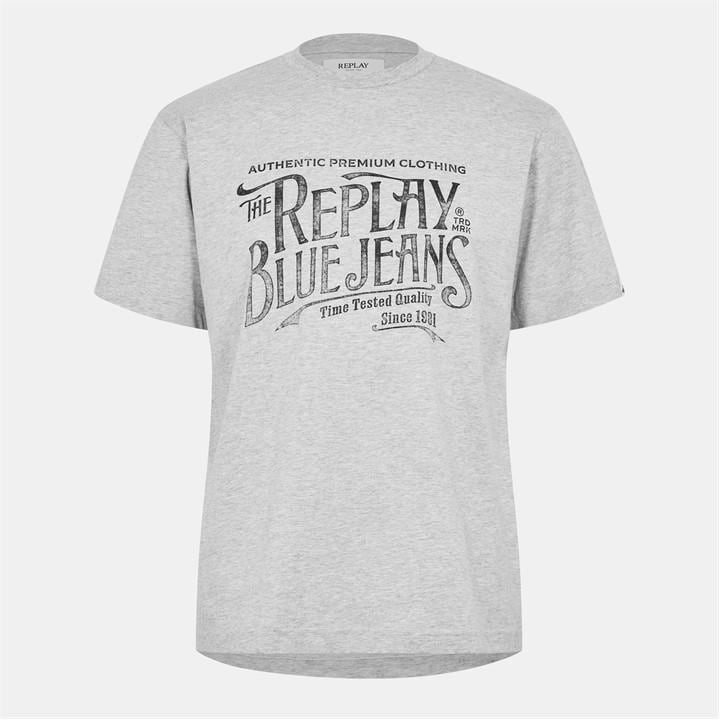 Replay Men' Grey Blue Jeans T-Shirt in Size S, Sports Direct