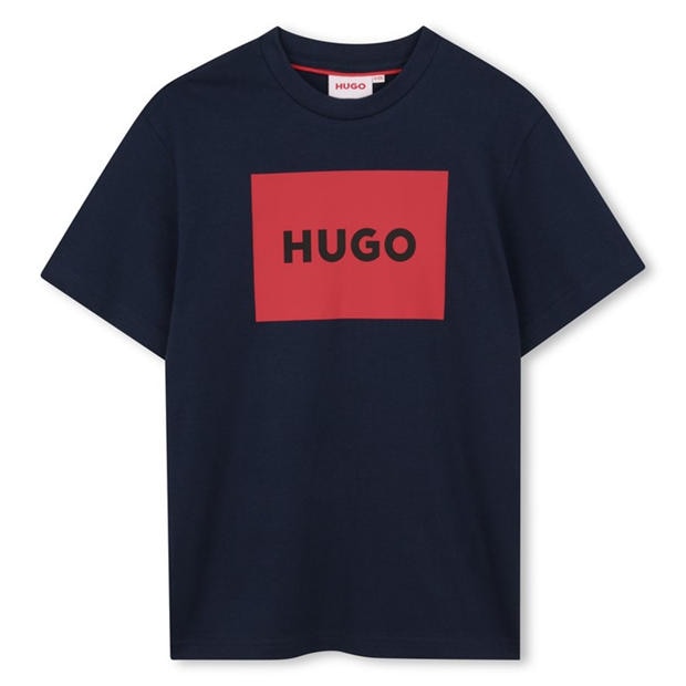 Navy Blue - HUGO - Unisex Kids Big Logo Cotton Short Sleeve T-Shirt