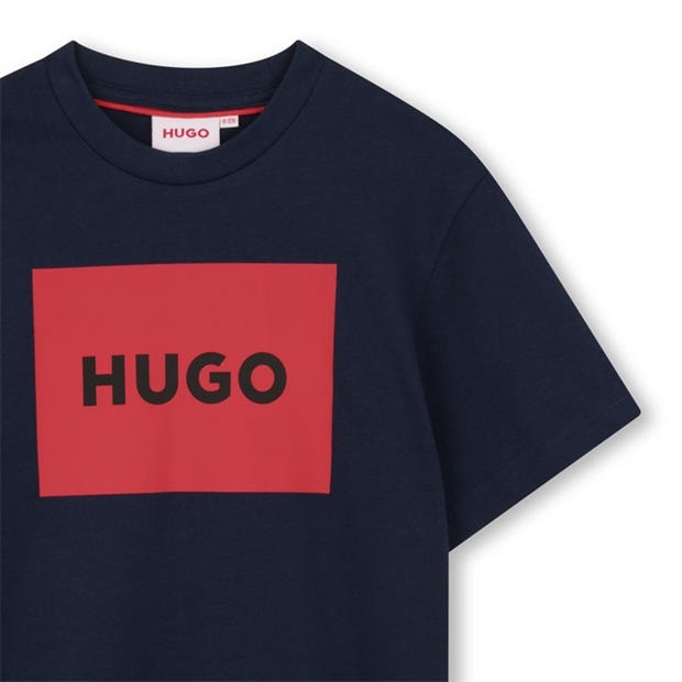 Navy Blue - HUGO - Unisex Kids Big Logo Cotton Short Sleeve T-Shirt