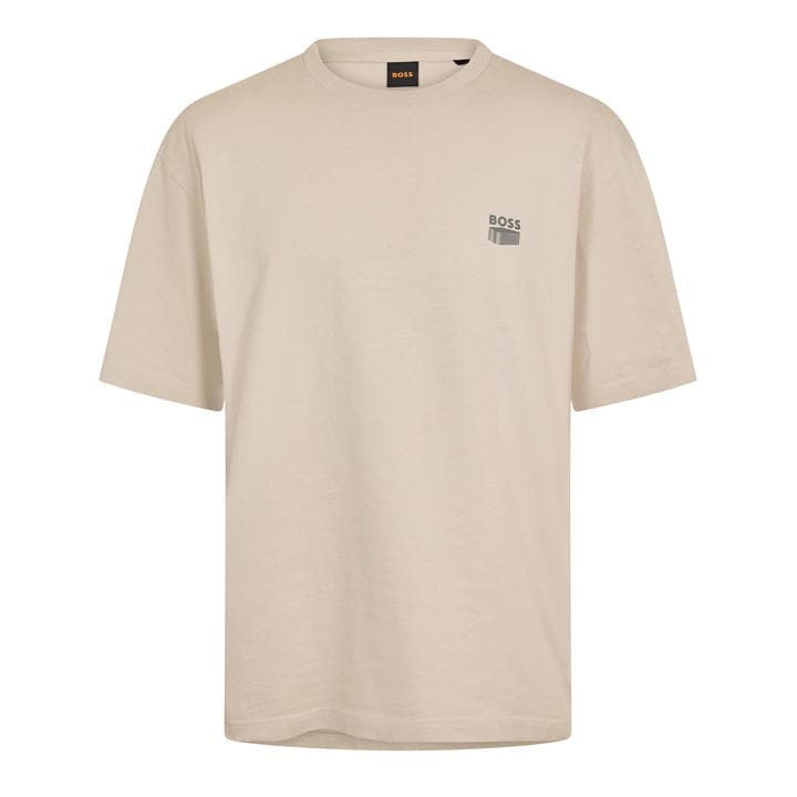 Boss Men's Grey Orange Cotton-Jersey T-Shirt With Printed Brutalism Artwork in Size 2XL, Sports Direct
