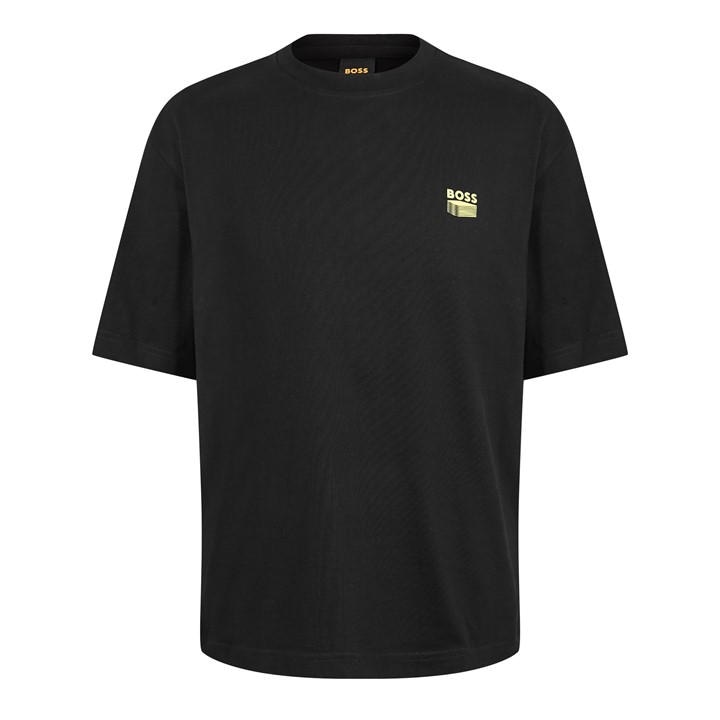 Boss Men' Black Orange Cotton-Jersey T-Shirt With Printed Brutalism Artwork in Size S, Sports Direct