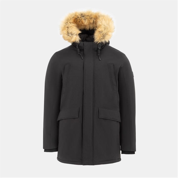 Soulcal Men's Black Hooded Ribbed Cuff Fur Trim Solid Patterned Parka Coat - S - Image 2