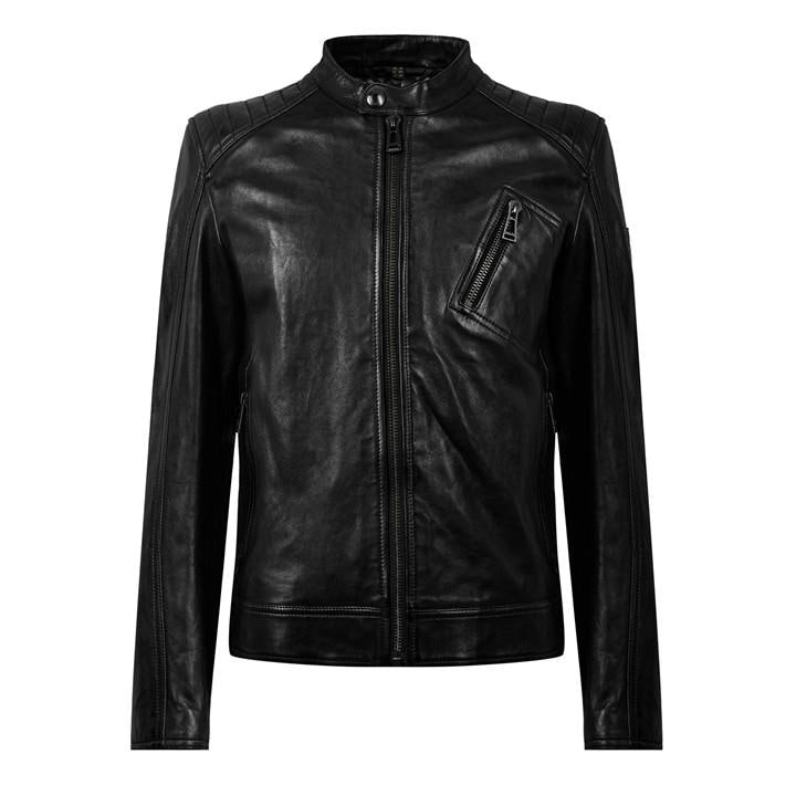 Belstaff Men's Black V Racer Water-Repellent Leather Long Sleeve Slim Fit Leather Jacket in Size L, Sports Direct