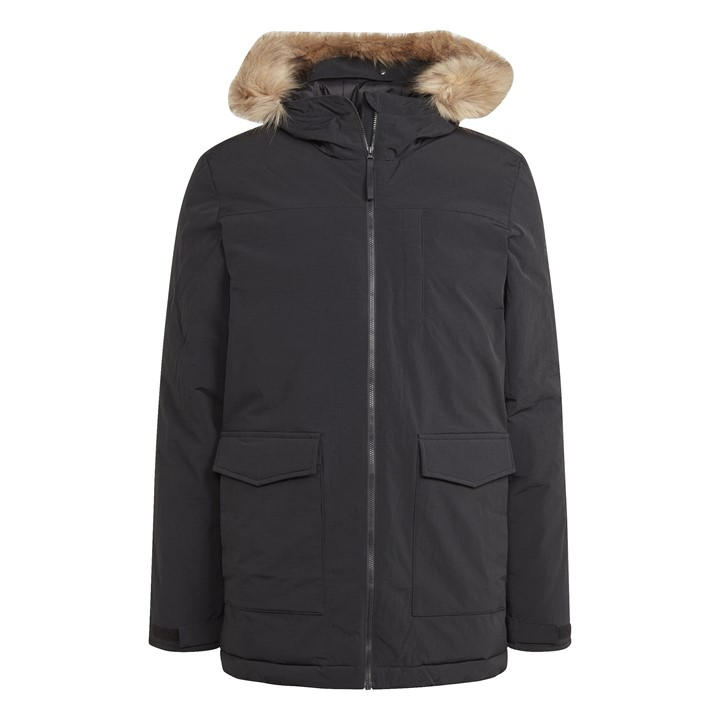 Adidas Men' Black Water Resistant Synthetic Insulation Removable Fur Hood Puffer Jacket in Size S, Sports Direct