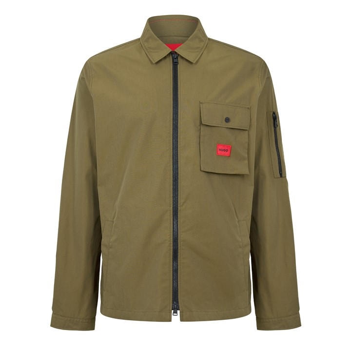 Hugo Men' Green Emmond Cotton Long Sleeve Zip Overshirt - Contemporary Design With Logo Detail in Size S, Sports Direct